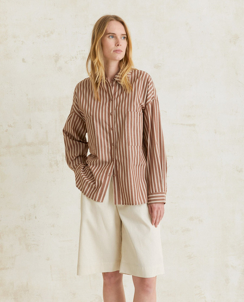 Yerse-Oversized Striped Shirt-Shirts & Blouses-Chocolate-XSmall-Much and Little Boutique-Vancouver-Canada