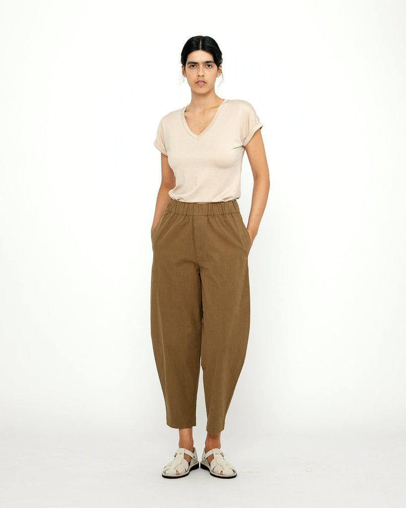 7115 by Szeki-Signature Elastic Pull-Up Trouser-Bottoms-Brown-XSmall-Much and Little Boutique-Vancouver-Canada