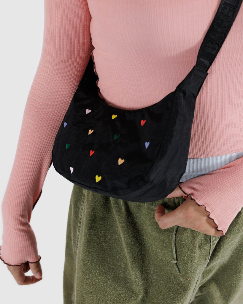 Baggu-Small Nylon Crescent Bag - Embroidered Hearts-Bags & Wallets-Much and Little Boutique-Vancouver-Canada