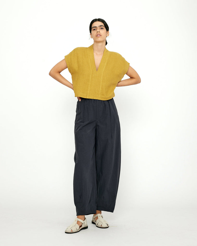 7115 by Szeki-V-Neck Linen Panel Top-Shirts & Blouses-Mustard-XSmall-Much and Little Boutique-Vancouver-Canada