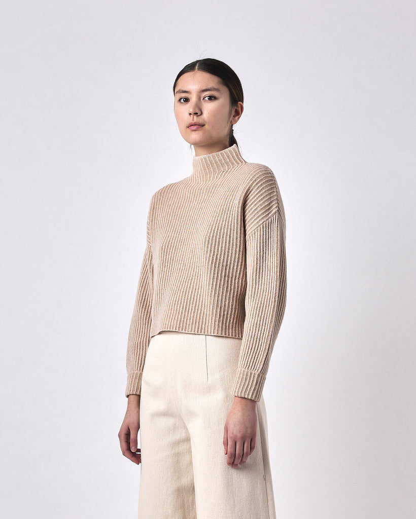 7115 by Szeki-Merino Striped Mock Neck Sweater-Knitwear-Beige-XSmall-Much and Little Boutique-Vancouver-Canada