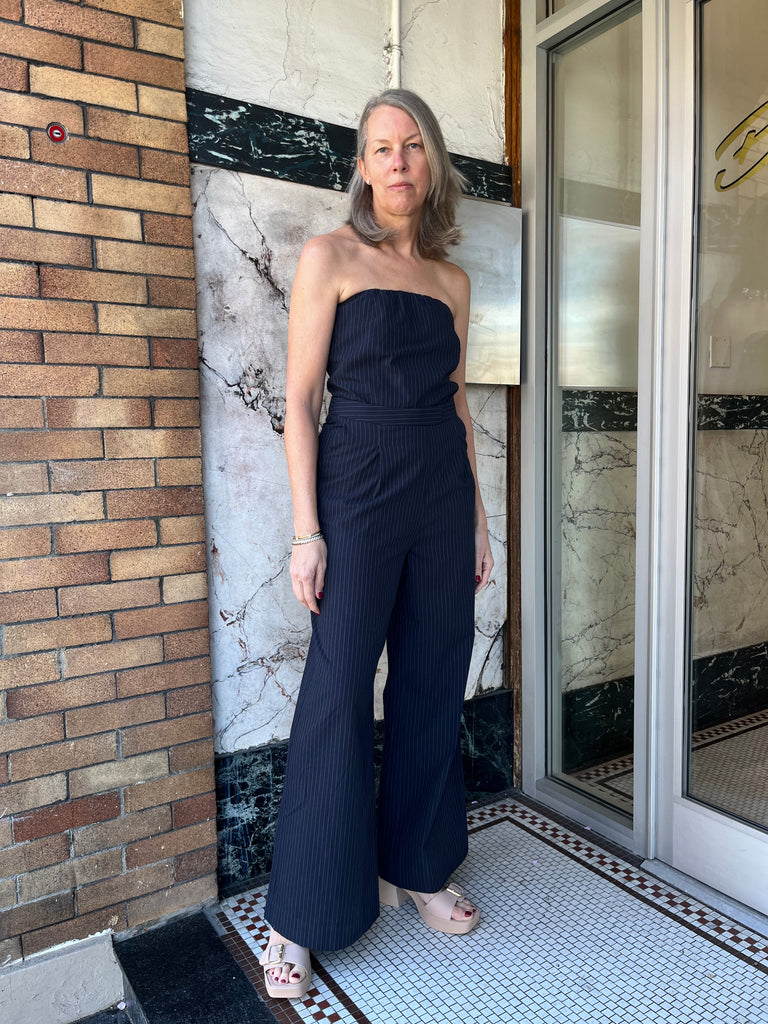 Yerse-Pinstripe Strapless Jumpsuit-Jumpsuits-XSmall-Much and Little Boutique-Vancouver-Canada