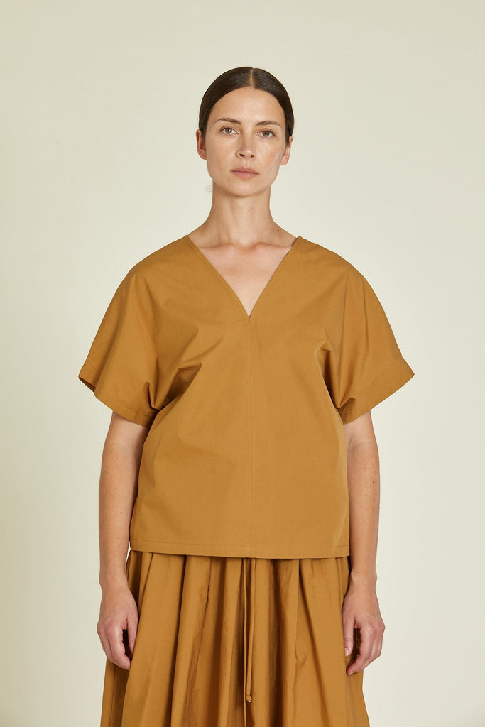 Black Crane-Camel V-Neck Top-Casual Tops-XSmall-Much and Little Boutique-Vancouver-Canada