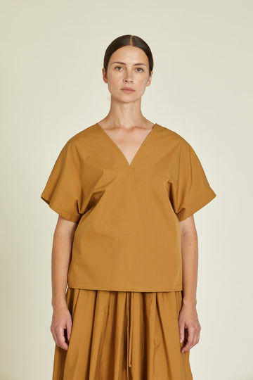 Black Crane-Camel V-Neck Top-Casual Tops-XSmall-Much and Little Boutique-Vancouver-Canada