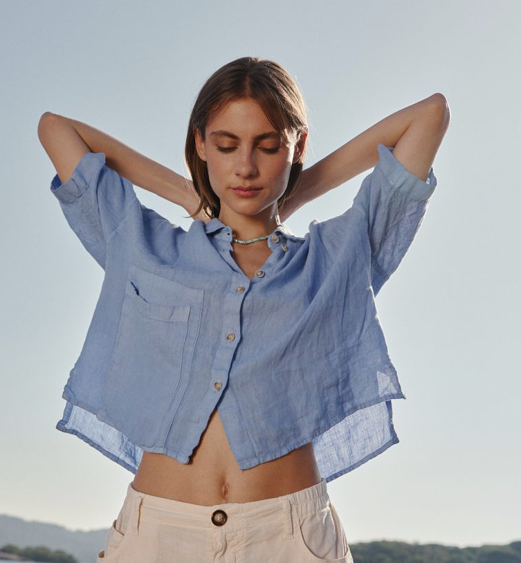 Indi & Cold-Linen Crop Shirt-Shirts & Blouses-Glacial Blue-XSmall-Much and Little Boutique-Vancouver-Canada
