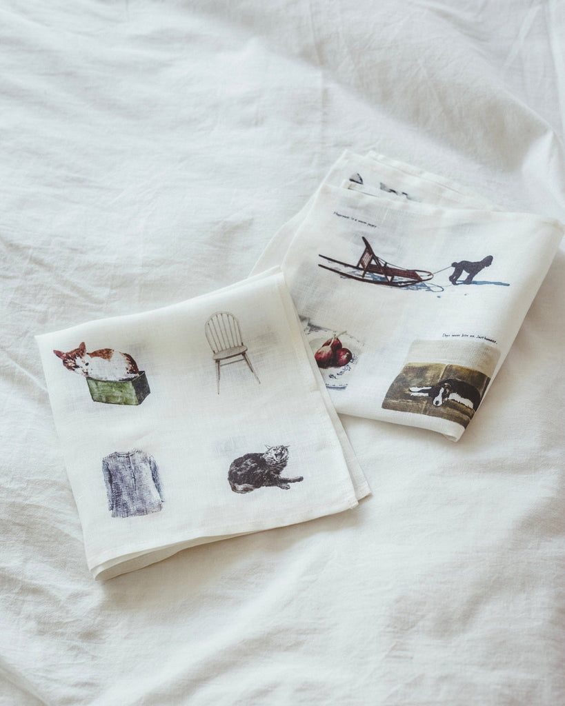 Fog Linen-Illustrated Linen Handkerchief - M. Ogihara-Hats & Scarves-Much and Little Boutique-Vancouver-Canada