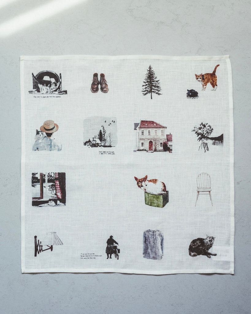Fog Linen-Illustrated Linen Handkerchief - M. Ogihara-Hats & Scarves-Living with Cats-Much and Little Boutique-Vancouver-Canada